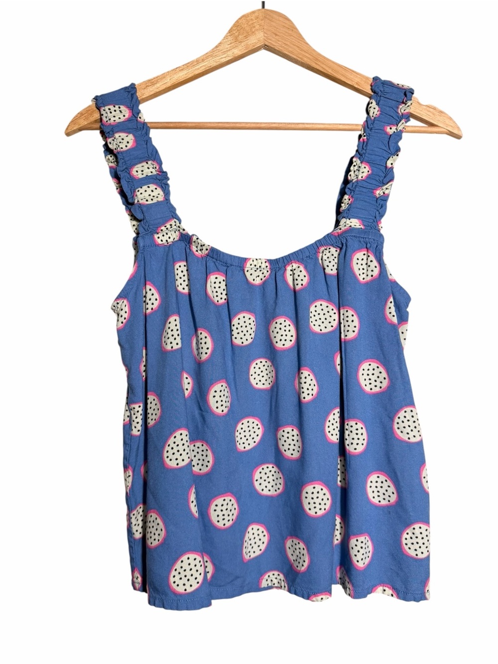 Blue Printed Ruffle-Strap Women's Tank Top